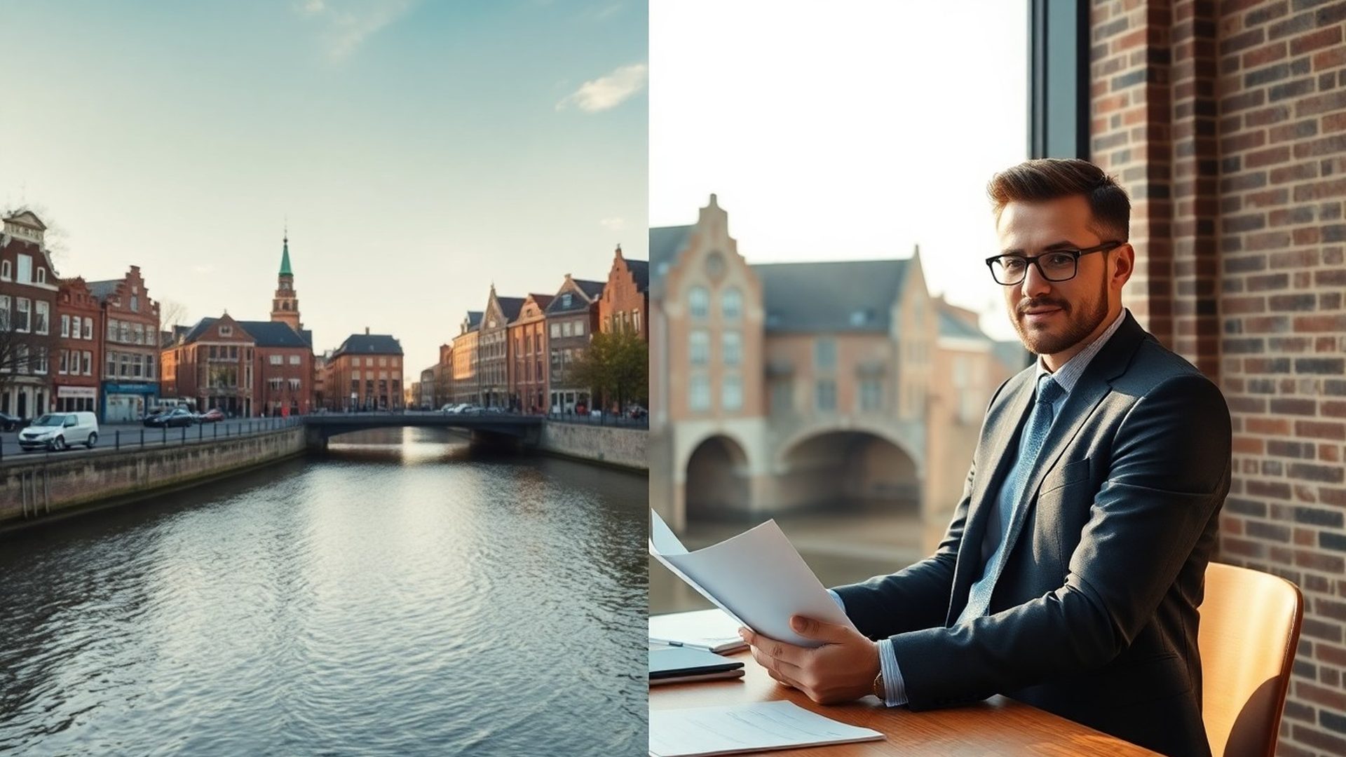 Financieel adviseur bekijkt documenten aan een warm verlicht bureau in Nijmegen